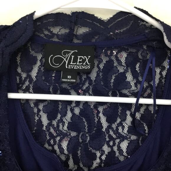 ALEX EVENINGS Sequined Lace Sheath Navy Blue Dress and Jacket Sz 10 - Picture 5 of 13